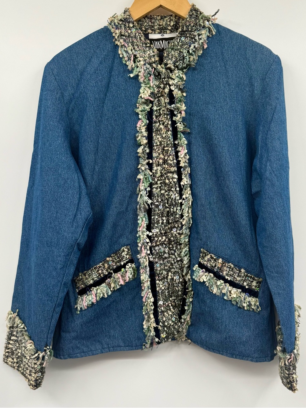 Yak Magik Chambray Full Zip Jacket Med Tweed Embroidery Sequin Wearable Art Boho